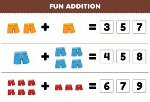 Education game for children fun addition by guess the correct number of wearable clothes pant printable worksheet vector