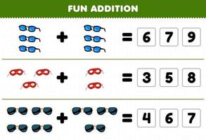 Education game for children fun addition by guess the correct number of wearable accessories glasses mask sunglasses printable worksheet vector