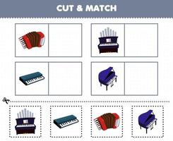 Education game for children cut and match the same picture of cartoon music instrument accordion organ keyboard piano vector