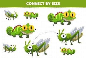 Educational game for kids connect by the size of cute cartoon animal iguana and grasshopper printable worksheet vector