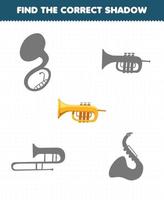 Education game for children find the correct shadow set of cartoon music instrument trumpet vector