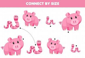 Educational game for kids connect by the size of cute cartoon animal worm and pig printable worksheet vector