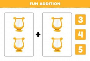 Education game for children fun addition by count and choose the correct answer of cartoon music instrument lyre printable worksheet vector