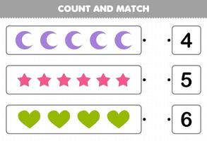 juego educativo para niños cuente y combine cuente el número de forma geométrica corazón de estrella creciente y combine con los números correctos hoja de trabajo imprimible vector