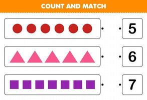 juego educativo para niños contar y combinar contar el número de formas geométricas círculo triángulo cuadrado y combinar con los números correctos hoja de trabajo imprimible vector