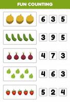 Education game for children fun counting and choosing the correct number of cartoon fruit and vegetable durian cucumber shallot kale raspberry printable worksheet
