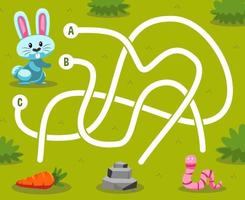 juego de rompecabezas de laberinto para niños con un lindo conejo animal de dibujos animados que busca la hoja de trabajo imprimible de piedra de zanahoria o gusano de comida correcta
