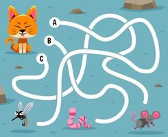 juego de rompecabezas de laberinto para niños con lindo gato animal de dibujos animados en busca de la hoja de trabajo imprimible de gusano o ratón de mosquito de comida correcta vector