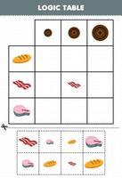 Education game for children logic table sorting size small medium or big of cartoon food bread bacon salmon picture printable worksheet vector