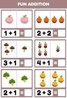 Education game for children fun addition by counting and sum cartoon peach dragon fruit mushroom beet broccoli orange pictures worksheet vector