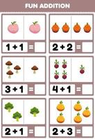 Education game for children fun addition by counting and sum cartoon peach dragon fruit mushroom beet broccoli orange pictures worksheet vector