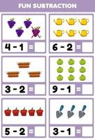 Education game for children fun subtraction by counting and eliminating cartoon fruits and vegetables grape tomato paprika worksheet vector