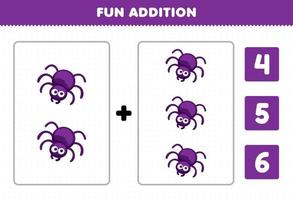 juego de educación para niños diversión adición por conteo y elija la respuesta correcta de la linda hoja de trabajo imprimible de insecto animal araña de dibujos animados vector