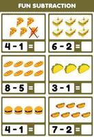 juego educativo para niños diversión resta contando y eliminando comida de dibujos animados pizza sándwich pan taco hamburguesa hotdog hoja de trabajo vector