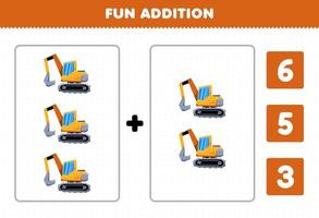 Education game for children fun addition by count and choose the correct answer of cartoon heavy machine transportation excavator printable worksheet vector