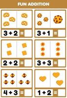 juego educativo para niños divertido además contando y sumando dibujos animados alimentos galletas galletas imágenes hoja de trabajo vector