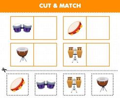 Education game for children cut and match the same picture of cartoon music instrument drum tambourine bango conga vector