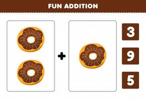 Education game for children fun addition by count and choose the correct answer of cartoon food donut printable worksheet vector