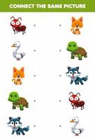 Education game for children connect the same picture of cute cartoon animal ant swan cat turtle wolf printable worksheet vector