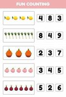 Education game for children fun counting and choosing the correct number of cartoon fruit and vegetable lemon leek dragon fruit peach shallot printable worksheet vector