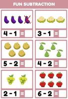 Education game for children fun subtraction by counting and eliminating cartoon fruits and vegetables eggplant cauliflower potato guava grape apple worksheet vector