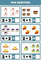 Education game for children fun addition by counting and sum cartoon food cake pancake pie pictures worksheet vector