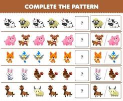 Education game for children complete the pattern by guess the correct picture of cute cartoon farm animal printable worksheet vector