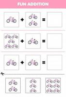 Education game for children fun addition by cut and match cute cartoon transportation bicycle pictures worksheet vector