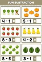 Education game for children fun subtraction by counting and eliminating cartoon fruits and vegetables lettuce pumpkin strawberry pear cabbage watermelon worksheet vector
