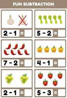 Education game for children fun subtraction by counting and eliminating cartoon fruits and vegetables garlic asparagus chilli paprika grape raspberry worksheet vector