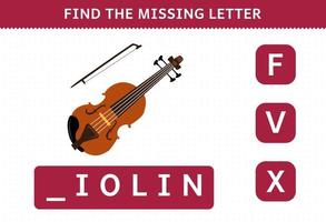 Education game for children find missing letter cartoon music instrument violin worksheet vector