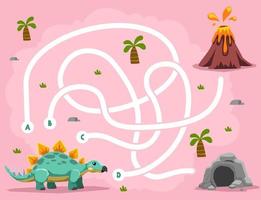 Maze puzzle game for children with cute cartoon prehistoric dinosaur stegosaurus volcano and cave vector