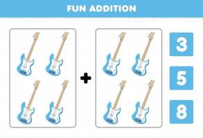 Education game for children fun addition by count and choose the correct answer of cartoon music instrument bass printable worksheet vector