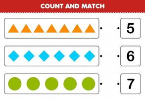 Education game for children count and match count the number of geometric shape triangle rhombus circle and match with the right numbers printable worksheet vector