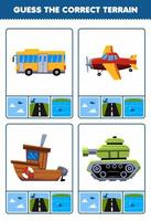 juego educativo para niños adivinar el terreno correcto aire tierra o agua de dibujos animados transporte autobús avión barco tanque hoja de trabajo imprimible vector