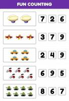 Education game for children fun counting and choosing the correct number of cartoon transportation zeppelin airplane taxi pedicab tank printable worksheet vector