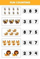 juego educativo para niños diversión contando y eligiendo el número correcto de dibujos animados lindo amarillo naranja animal abeja mariposa tigre zorro león hoja de trabajo imprimible vector
