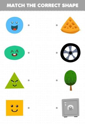 Education game for children match the correct shape of geometric object circle tire oval tree triangle waffle square safe box printable worksheet