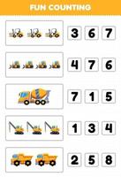 Education game for children fun counting and choosing the correct number of cartoon heavy machine transportation forklift bulldozer concentrate mixer truck crane dump truck printable worksheet