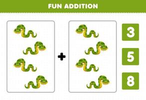 Education game for children fun addition by count and choose the correct answer of cute cartoon wild animal green snake printable worksheet vector