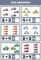 Education game for children fun addition by counting and sum cute cartoon land transportation pictures worksheet
