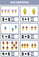 Education game for children fun addition by counting and sum cartoon food ice cream pictures worksheet