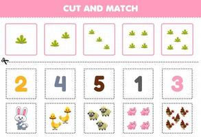 Education game for children cut and match the same number of cute cartoon farm animal printable worksheet vector