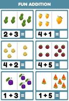 Education game for children fun addition by counting and sum cartoon papaya mango potato mangosteen plum watermelon pictures worksheet vector