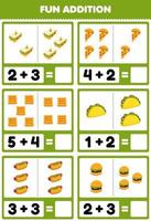 Education game for children fun addition by counting and sum cartoon food sandwich pizza waffle taco hotdog burger pictures worksheet