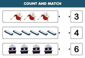 Education game for children count and match count the number of cartoon music instrument bagpipes harmonica organ and match with the right numbers printable worksheet vector