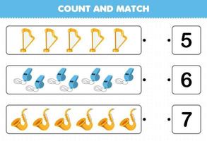 Education game for children count and match count the number of cartoon music instrument harp whistle saxophone and match with the right numbers printable worksheet vector