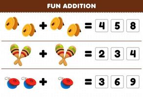 Education game for children fun addition by guess the correct number of cartoon music instrument cymbals maracas castanet printable worksheet