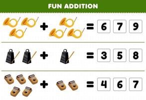 Education game for children fun addition by guess the correct number of cartoon music instrument horn bell kalimba printable worksheet