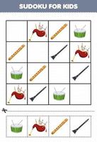 juego educativo para niños sudoku para niños con dibujos animados instrumento musical gaitas flauta tambor clarinete imagen hoja de trabajo imprimible vector